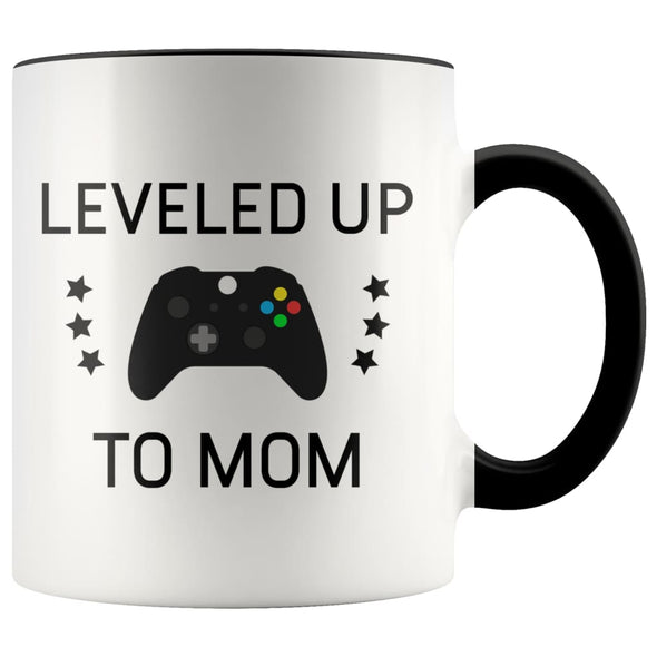 Personalized New Mom Gift: Leveled Up To Mom Coffee Mug $14.99 | Black Drinkware