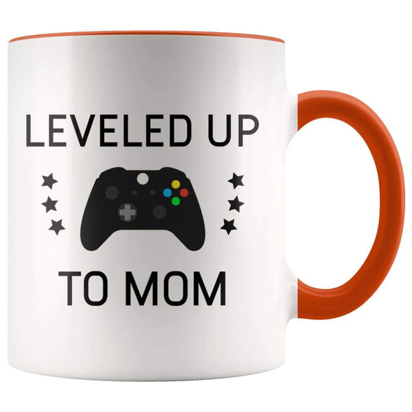 Personalized New Mom Gift: Leveled Up To Mom Coffee Mug $14.99 | Orange Drinkware