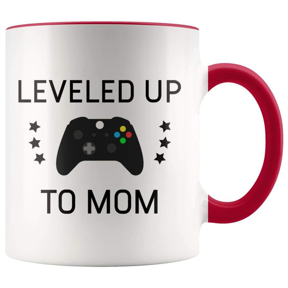 Personalized New Mom Gift: Leveled Up To Mom Coffee Mug $14.99 | Red Drinkware