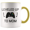 Personalized New Mom Gift: Leveled Up To Mom Coffee Mug $14.99 | Yellow Drinkware