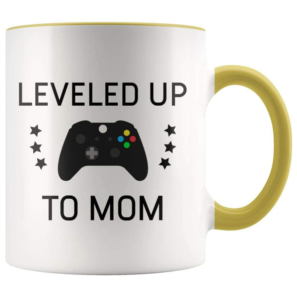 Personalized New Mom Gift: Leveled Up To Mom Coffee Mug $14.99 | Yellow Drinkware