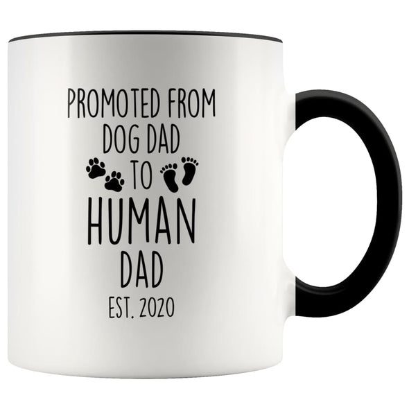 Pregnancy Announcement To Husband Promoted From Dog Dad To Human Dad Est. 2020 New Dad Coffee Cup Mug 11oz $14.99 | Black Drinkware
