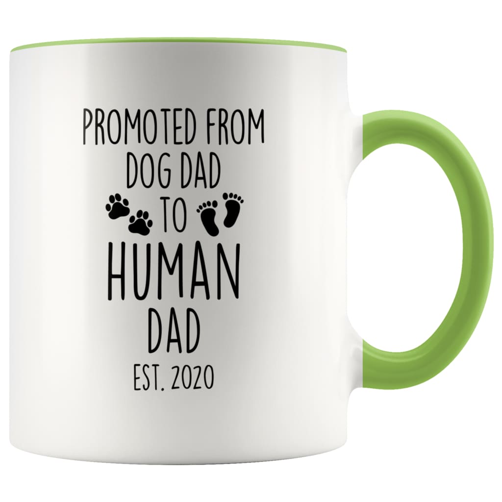 Pregnancy Announcement To Husband Promoted From Dog Dad To Human Dad Est. 2020 New Dad Coffee Cup Mug 11oz $14.99 | Green Drinkware