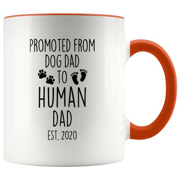 Pregnancy Announcement To Husband Promoted From Dog Dad To Human Dad Est. 2020 New Dad Coffee Cup Mug 11oz $14.99 | Orange Drinkware