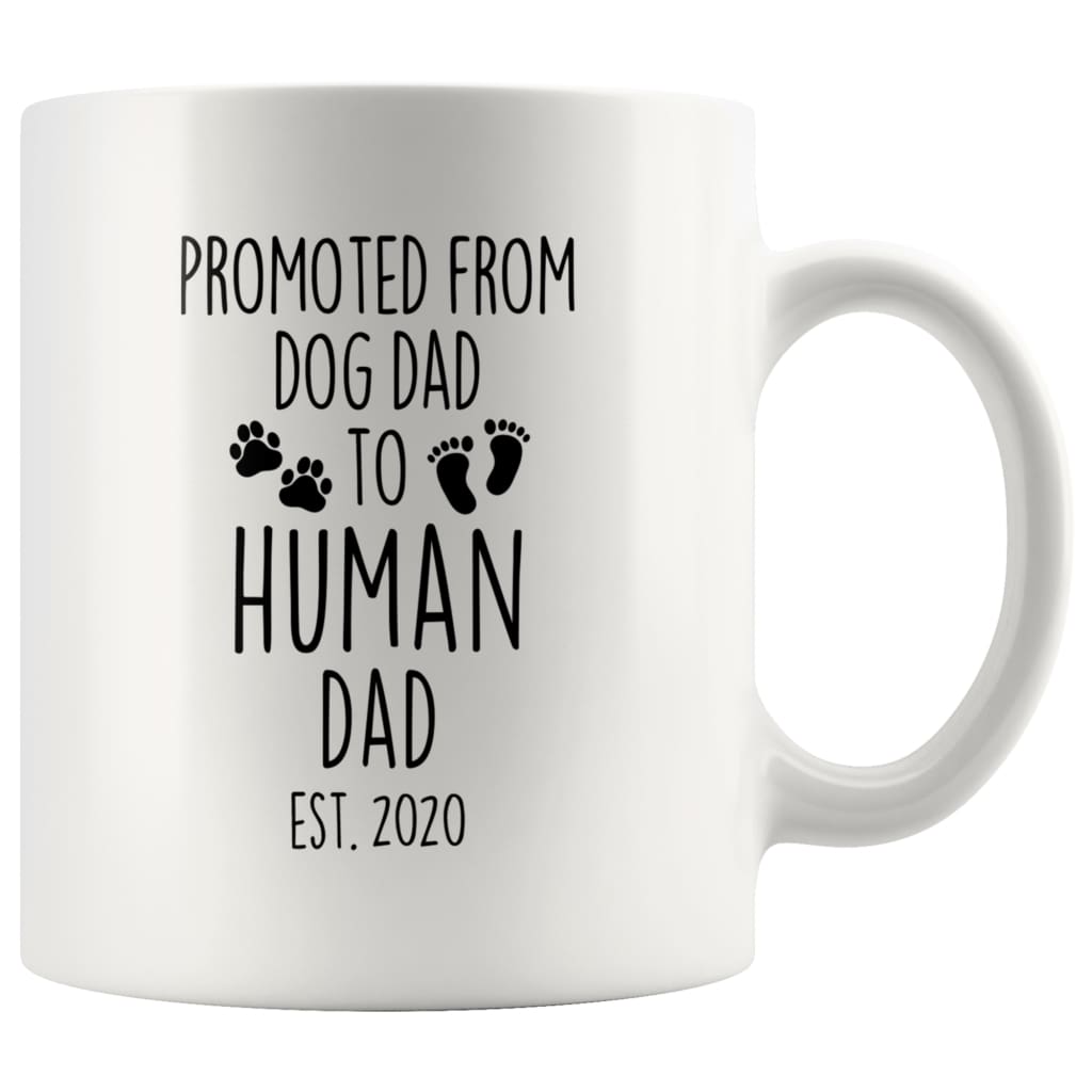 Pregnancy Announcement To Husband Promoted From Dog Dad To Human Dad Est. 2020 New Dad Coffee Cup Mug 11oz $14.99 | White Drinkware