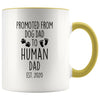 Pregnancy Announcement To Husband Promoted From Dog Dad To Human Dad Est. 2020 New Dad Coffee Cup Mug 11oz $14.99 | Yellow Drinkware