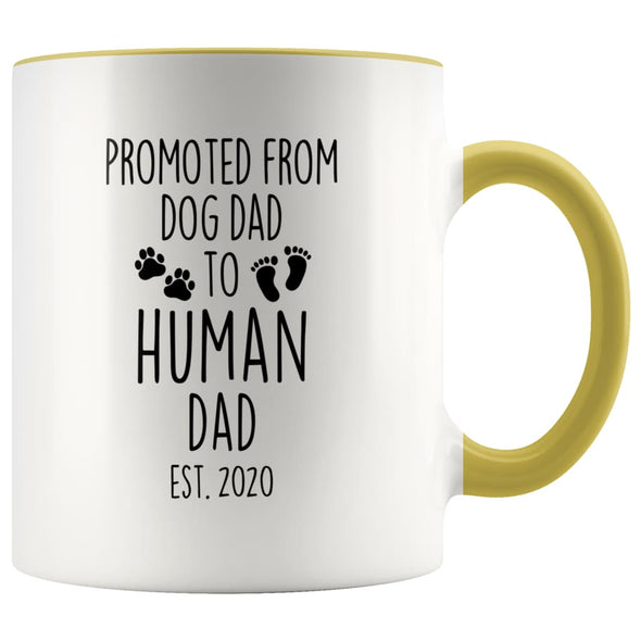Pregnancy Announcement To Husband Promoted From Dog Dad To Human Dad Est. 2020 New Dad Coffee Cup Mug 11oz $14.99 | Yellow Drinkware