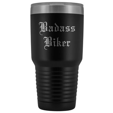Unique Biker Gift: Personalized Badass Biker Old English Fathers Day Motorcycle Insulated Tumbler 30 oz $38.95 | Black Tumblers
