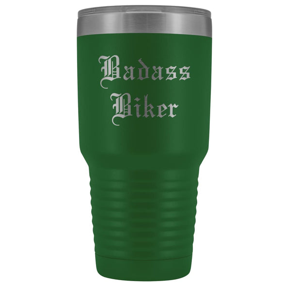Unique Biker Gift: Personalized Badass Biker Old English Fathers Day Motorcycle Insulated Tumbler 30 oz $38.95 | Green Tumblers