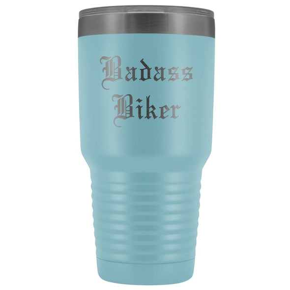 Unique Biker Gift: Personalized Badass Biker Old English Fathers Day Motorcycle Insulated Tumbler 30 oz $38.95 | Light Blue Tumblers