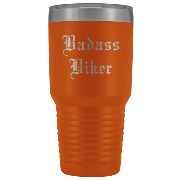 Unique Biker Gift: Personalized Badass Biker Old English Fathers Day Motorcycle Insulated Tumbler 30 oz $38.95 | Orange Tumblers