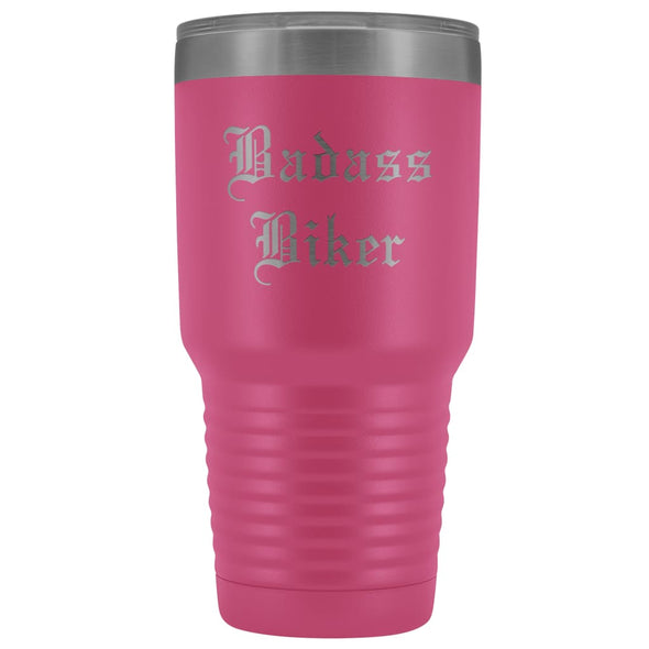 Unique Biker Gift: Personalized Badass Biker Old English Fathers Day Motorcycle Insulated Tumbler 30 oz $38.95 | Pink Tumblers