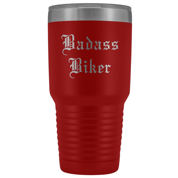 Unique Biker Gift: Personalized Badass Biker Old English Fathers Day Motorcycle Insulated Tumbler 30 oz $38.95 | Red Tumblers