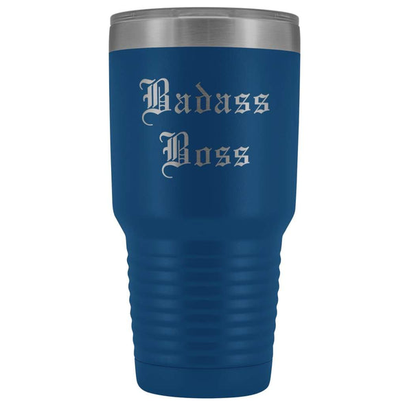 Unique Boss Gift: Personalized Badass Boss Male Female Engraved Old English Insulated Tumbler 30 oz $38.95 | Blue Tumblers