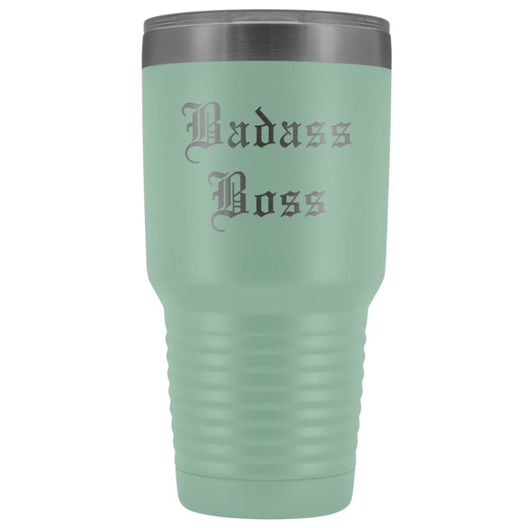 Unique Boss Gift: Personalized Badass Boss Male Female Engraved Old English Insulated Tumbler 30 oz $38.95 | Teal Tumblers