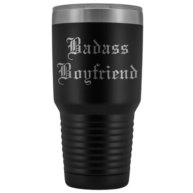 Unique Boyfriend Gift: Old English Style | Badass Boyfriend Insulated Tumbler 30 oz $38.95 | Black Tumblers