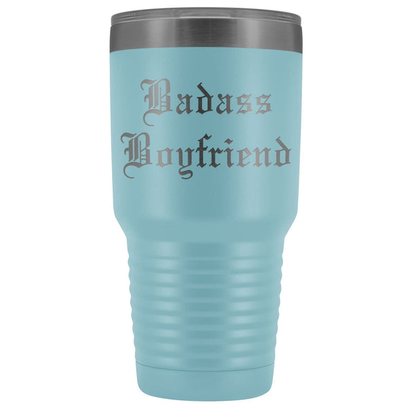 Unique Boyfriend Gift: Old English Style | Badass Boyfriend Insulated Tumbler 30 oz $38.95 | Light Blue Tumblers