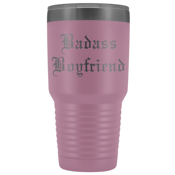 Unique Boyfriend Gift: Old English Style | Badass Boyfriend Insulated Tumbler 30 oz $38.95 | Light Purple Tumblers