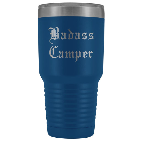 Unique Camping Gift: Personalized Badass Camper Outdoor Fathers Day Cool Awesome Old English Insulated Tumbler 30 oz $38.95 | Blue Tumblers