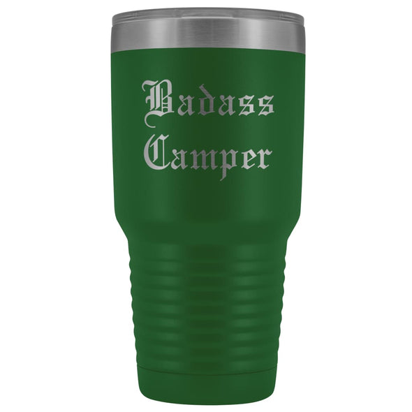 Unique Camping Gift: Personalized Badass Camper Outdoor Fathers Day Cool Awesome Old English Insulated Tumbler 30 oz $38.95 | Green Tumblers