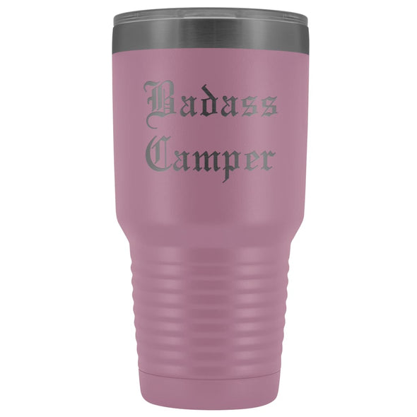 Unique Camping Gift: Personalized Badass Camper Outdoor Fathers Day Cool Awesome Old English Insulated Tumbler 30 oz $38.95 | Light Purple