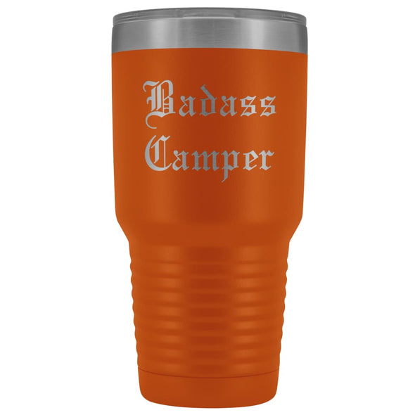 Unique Camping Gift: Personalized Badass Camper Outdoor Fathers Day Cool Awesome Old English Insulated Tumbler 30 oz $38.95 | Orange