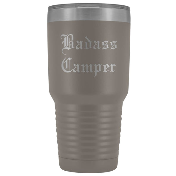 Unique Camping Gift: Personalized Badass Camper Outdoor Fathers Day Cool Awesome Old English Insulated Tumbler 30 oz $38.95 | Pewter