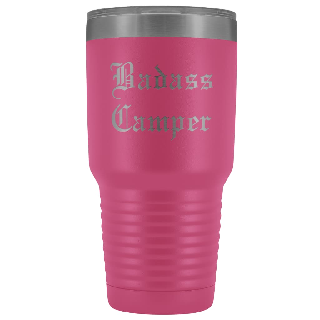 Unique Camping Gift: Personalized Badass Camper Outdoor Fathers Day Cool Awesome Old English Insulated Tumbler 30 oz $38.95 | Pink Tumblers