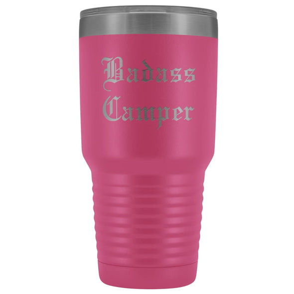 Unique Camping Gift: Personalized Badass Camper Outdoor Fathers Day Cool Awesome Old English Insulated Tumbler 30 oz $38.95 | Pink Tumblers