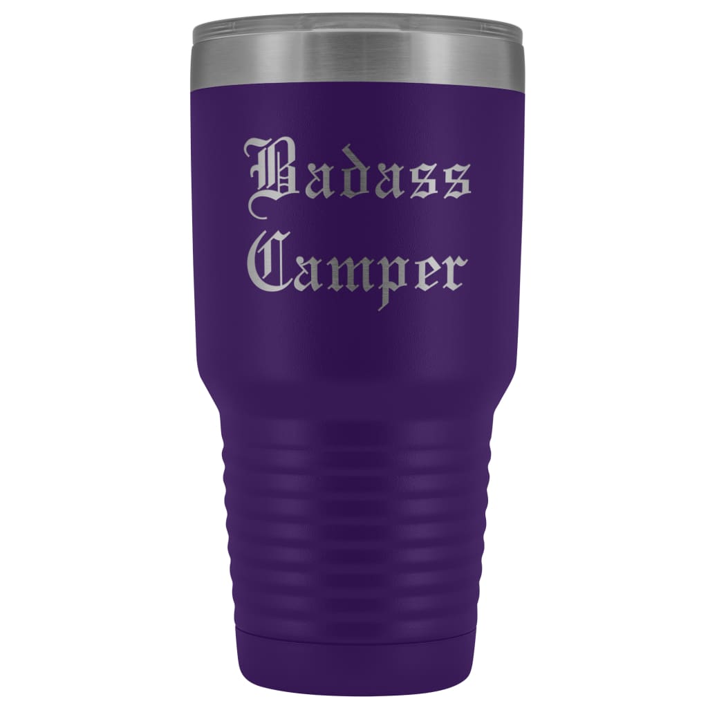 Unique Camping Gift: Personalized Badass Camper Outdoor Fathers Day Cool Awesome Old English Insulated Tumbler 30 oz $38.95 | Purple