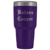 Unique Camping Gift: Personalized Badass Camper Outdoor Fathers Day Cool Awesome Old English Insulated Tumbler 30 oz $38.95 | Purple