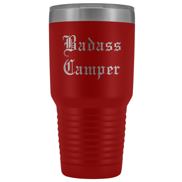 Unique Camping Gift: Personalized Badass Camper Outdoor Fathers Day Cool Awesome Old English Insulated Tumbler 30 oz $38.95 | Red Tumblers