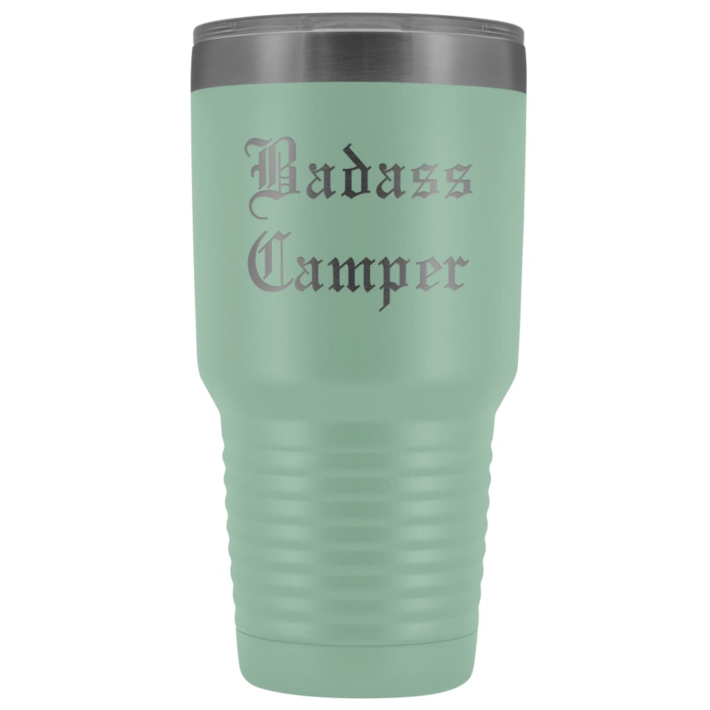 Unique Camping Gift: Personalized Badass Camper Outdoor Fathers Day Cool Awesome Old English Insulated Tumbler 30 oz $38.95 | Teal Tumblers