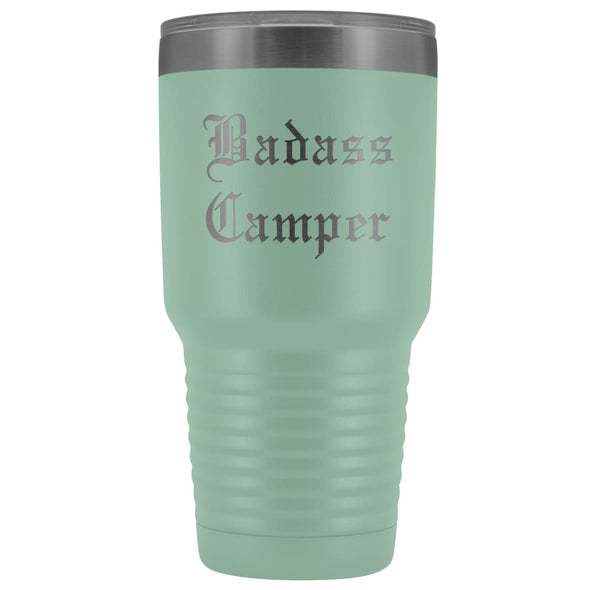 Unique Camping Gift: Personalized Badass Camper Outdoor Fathers Day Cool Awesome Old English Insulated Tumbler 30 oz $38.95 | Teal Tumblers
