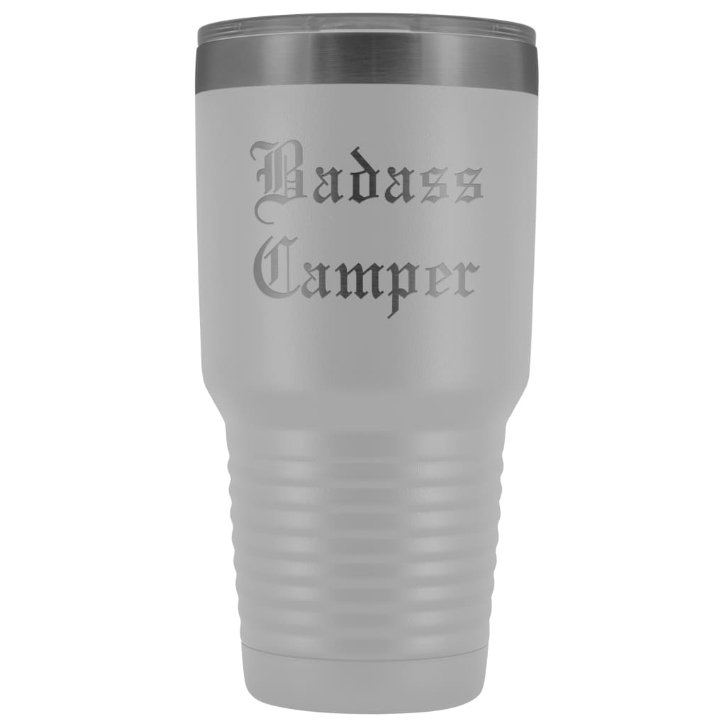 Unique Camping Gift: Personalized Badass Camper Outdoor Fathers Day Cool Awesome Old English Insulated Tumbler 30 oz $38.95 | White Tumblers