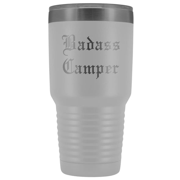 Unique Camping Gift: Personalized Badass Camper Outdoor Fathers Day Cool Awesome Old English Insulated Tumbler 30 oz $38.95 | White Tumblers