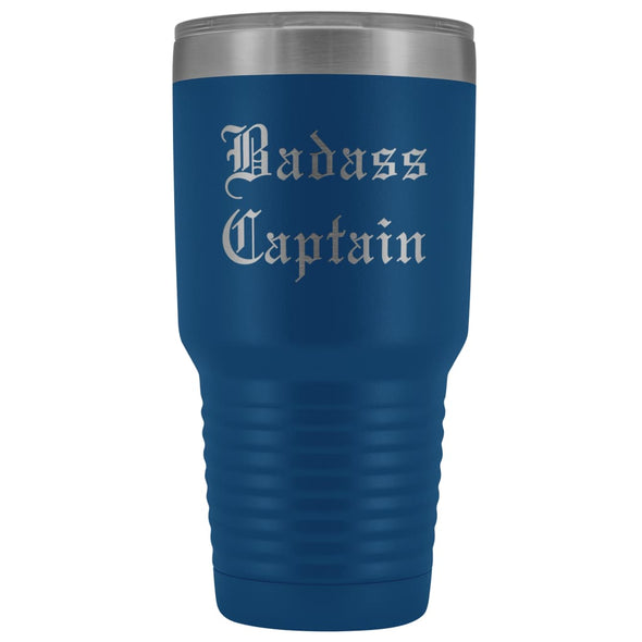 Unique Captain Gift: Personalized Badass Captain Boat Team Cheer Gift Idea Old English Insulated Tumbler 30 oz $38.95 | Blue Tumblers