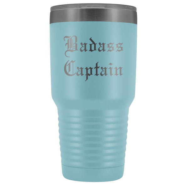 Unique Captain Gift: Personalized Badass Captain Boat Team Cheer Gift Idea Old English Insulated Tumbler 30 oz $38.95 | Light Blue Tumblers