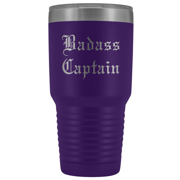 Unique Captain Gift: Personalized Badass Captain Boat Team Cheer Gift Idea Old English Insulated Tumbler 30 oz $38.95 | Purple Tumblers