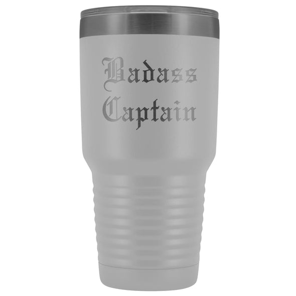 Unique Captain Gift: Personalized Badass Captain Boat Team Cheer Gift Idea Old English Insulated Tumbler 30 oz $38.95 | White Tumblers