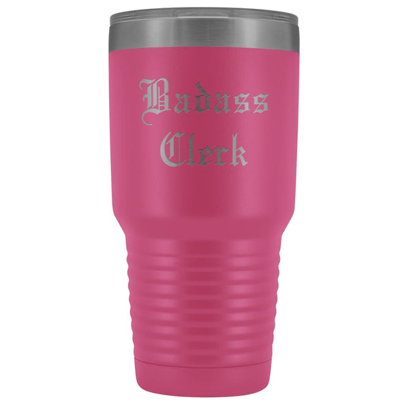 Unique Clerk Gift: Personalized Badass Clerk Accounting Law Office Records Court Gift Idea Old English Insulated Tumbler 30 oz $38.95 | Pink