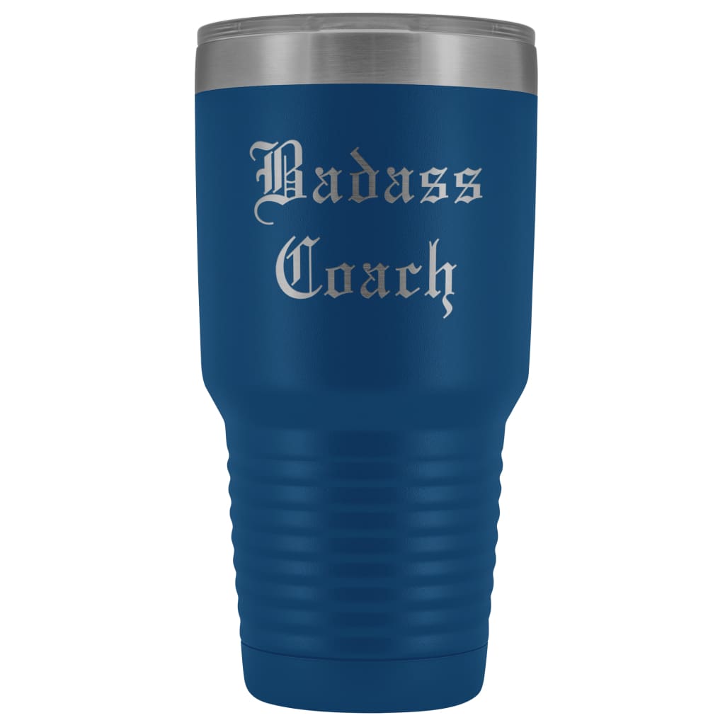 Unique Coach Gift: Personalized Badass Coach Cheerleading Gym Softball Baseball Old English Insulated Tumbler 30 oz $38.95 | Blue Tumblers