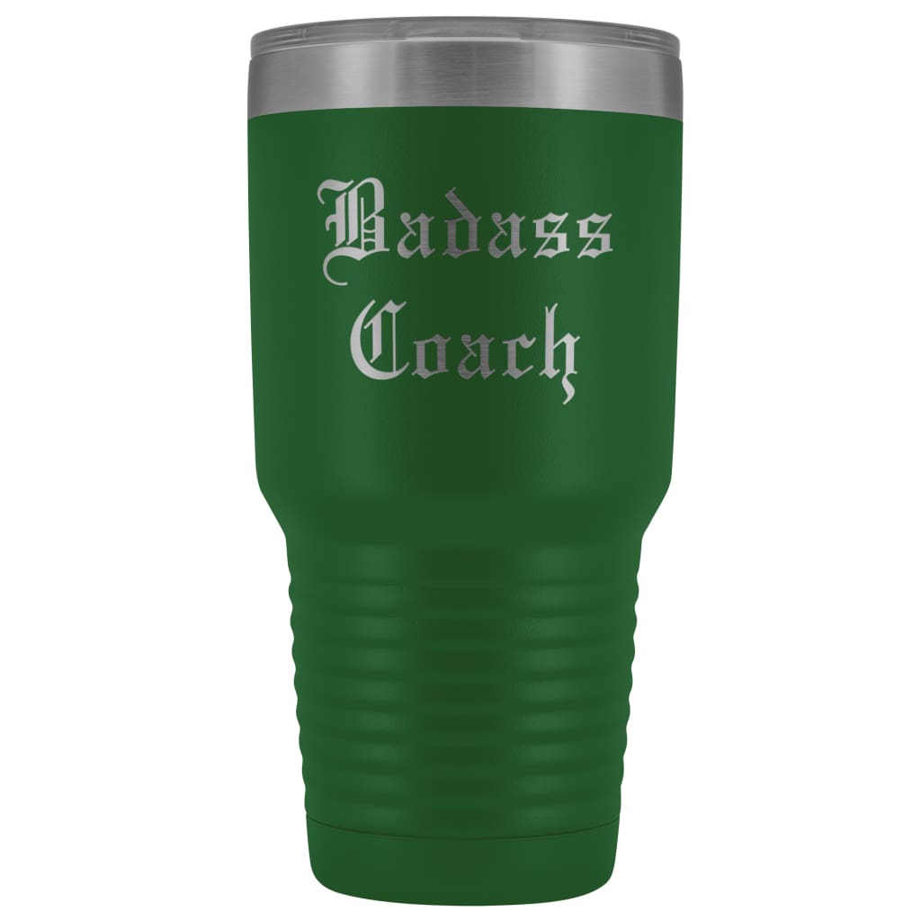 Unique Coach Gift: Personalized Badass Coach Cheerleading Gym Softball Baseball Old English Insulated Tumbler 30 oz $38.95 | Green Tumblers