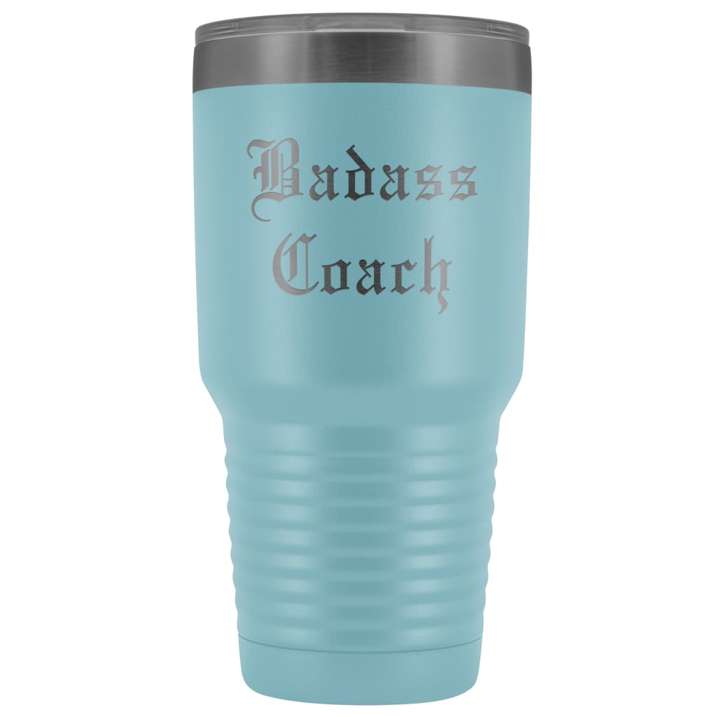 Unique Coach Gift: Personalized Badass Coach Cheerleading Gym Softball Baseball Old English Insulated Tumbler 30 oz $38.95 | Light Blue