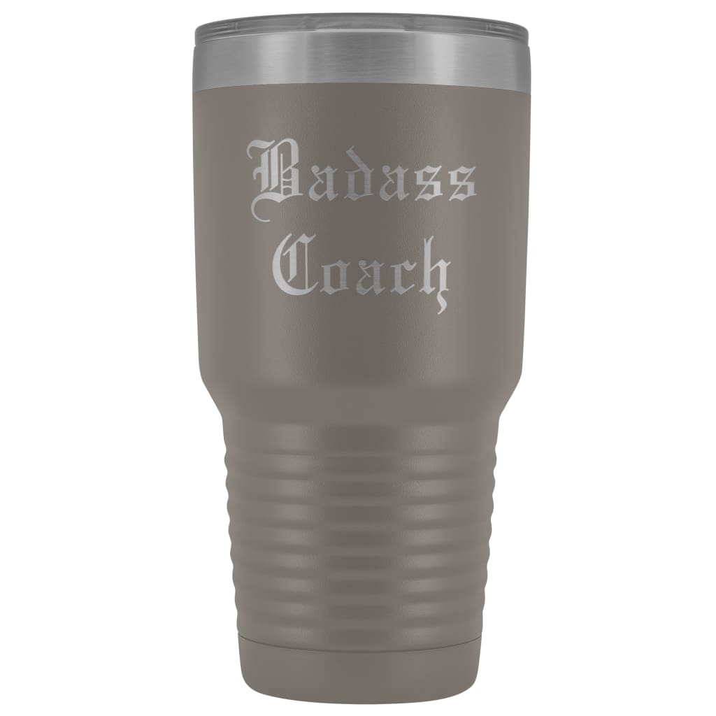 Unique Coach Gift: Personalized Badass Coach Cheerleading Gym Softball Baseball Old English Insulated Tumbler 30 oz $38.95 | Pewter Tumblers