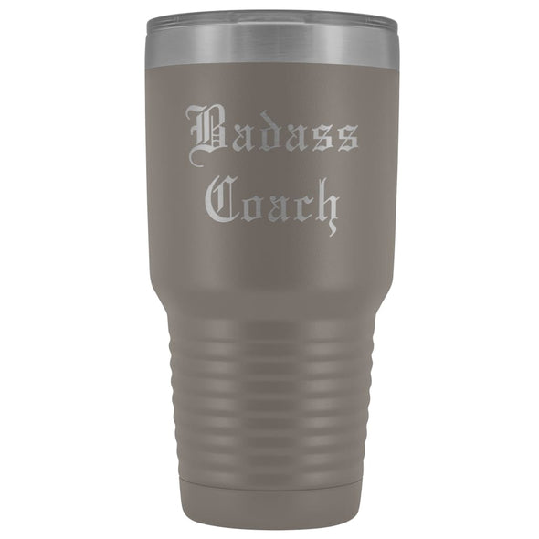 Unique Coach Gift: Personalized Badass Coach Cheerleading Gym Softball Baseball Old English Insulated Tumbler 30 oz $38.95 | Pewter Tumblers
