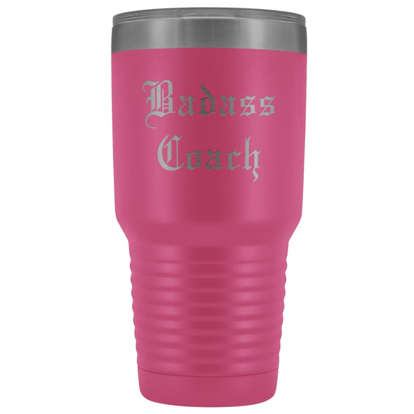 Unique Coach Gift: Personalized Badass Coach Cheerleading Gym Softball Baseball Old English Insulated Tumbler 30 oz $38.95 | Pink Tumblers