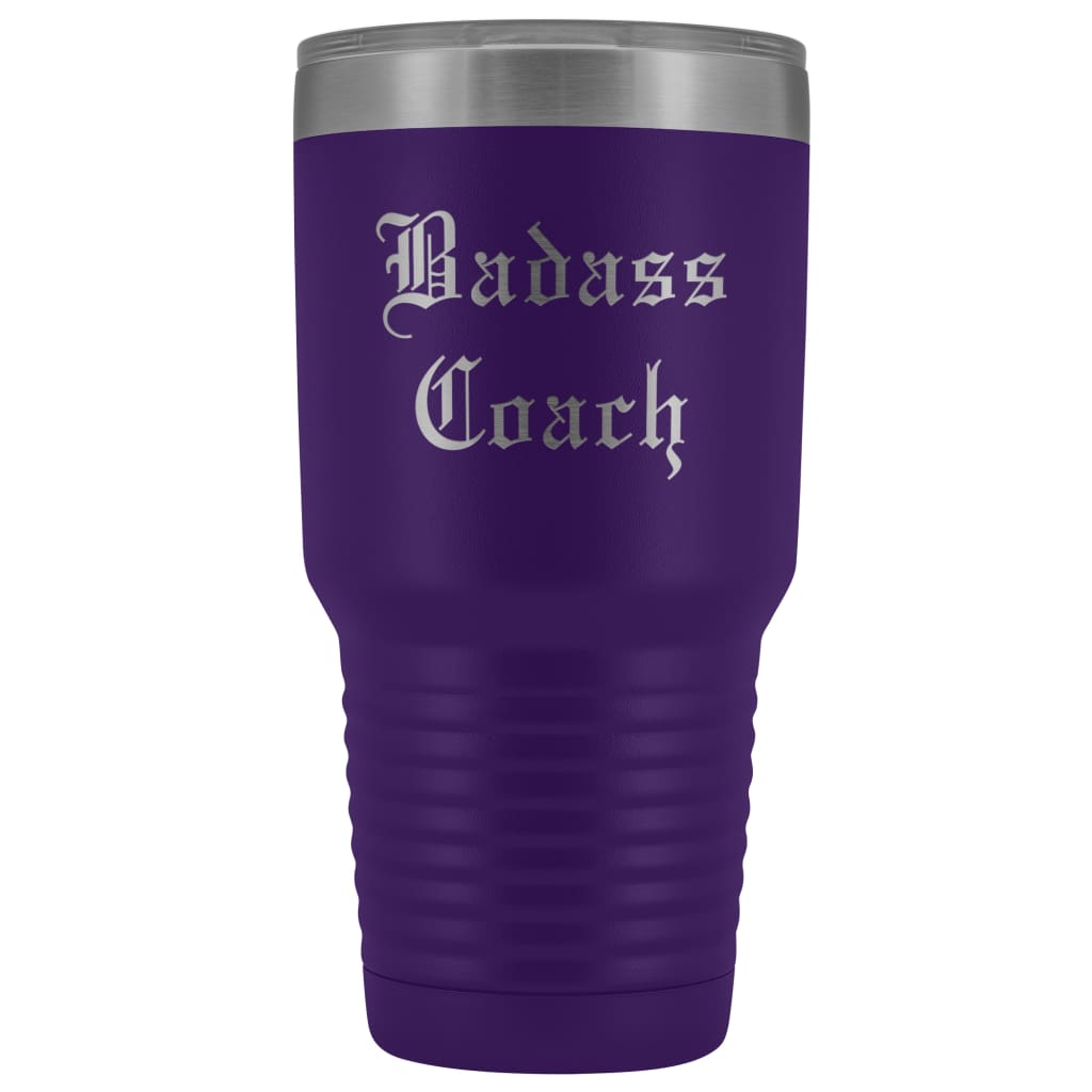 Unique Coach Gift: Personalized Badass Coach Cheerleading Gym Softball Baseball Old English Insulated Tumbler 30 oz $38.95 | Purple Tumblers