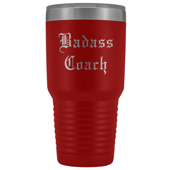 Unique Coach Gift: Personalized Badass Coach Cheerleading Gym Softball Baseball Old English Insulated Tumbler 30 oz $38.95 | Red Tumblers
