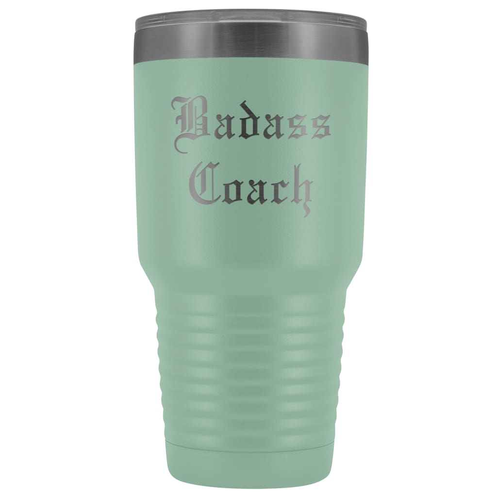 Unique Coach Gift: Personalized Badass Coach Cheerleading Gym Softball Baseball Old English Insulated Tumbler 30 oz $38.95 | Teal Tumblers